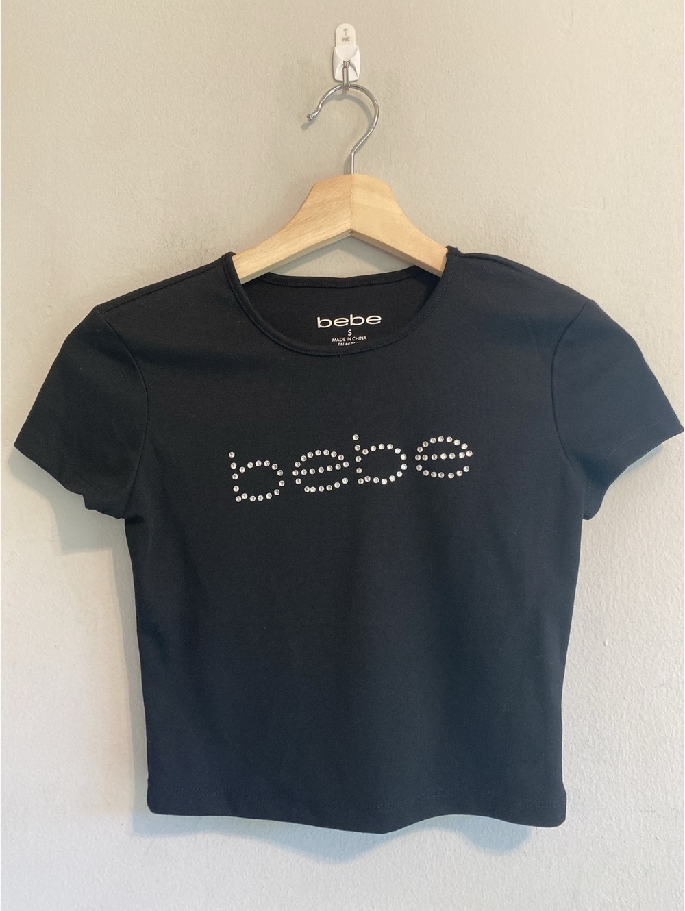 Y2K bebe Black Rhinestone Logo Short Sleeve Crop Baby Tee S